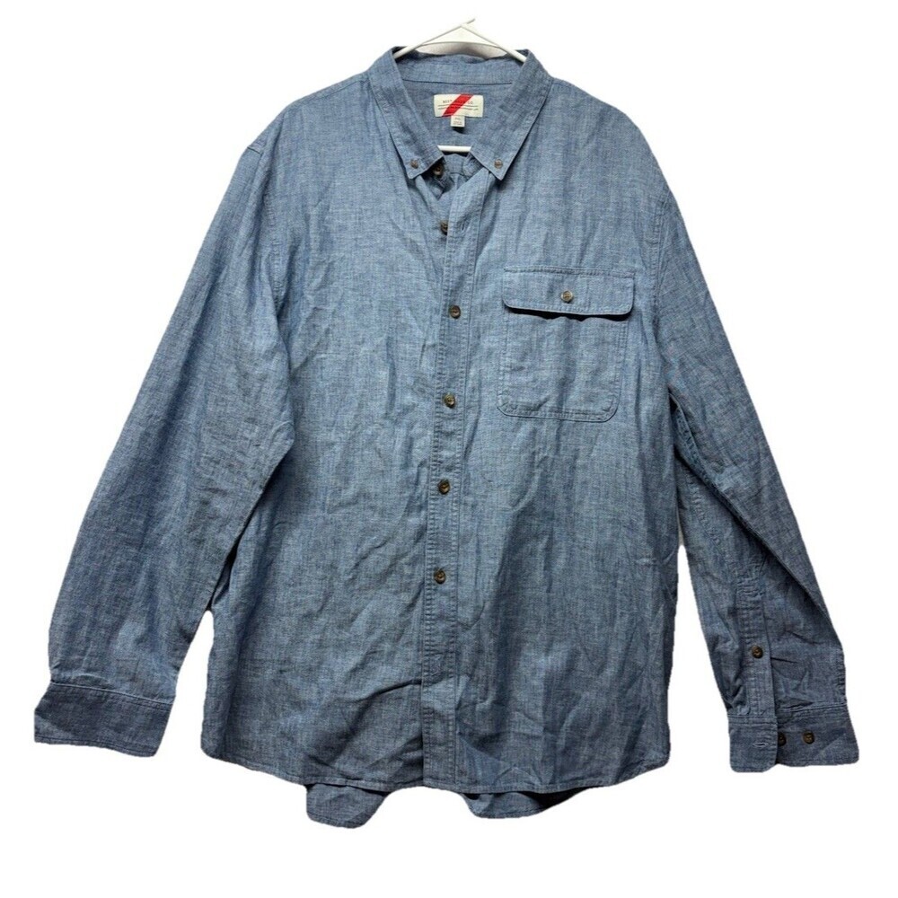 Best Made Co Blue Linen Blend Pocket Flap Button Up Shirt Mens L Elbow Patch